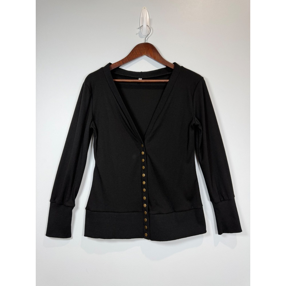 Black V-Neck Snap Front Cardigan Ribbed Cuffs Cotton Blend Long Sleeve Top S